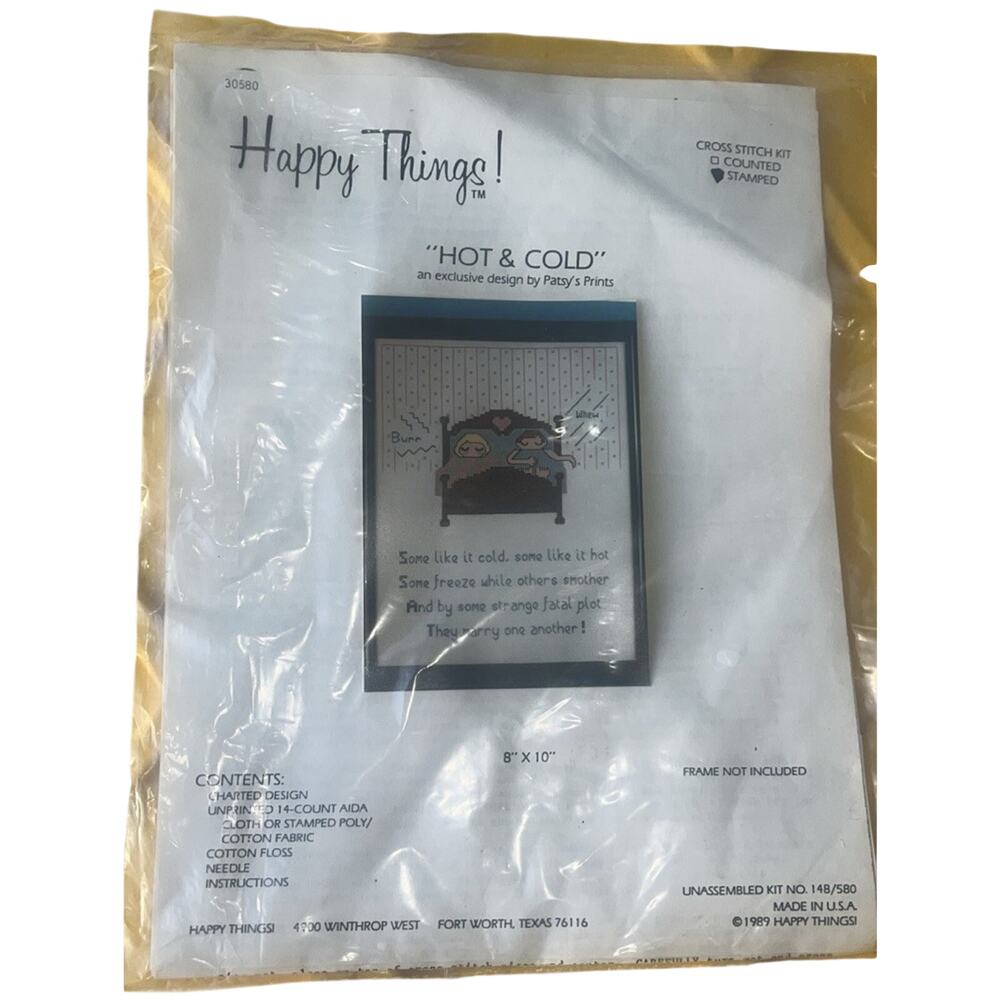 Stamped Cross Stitch, Complete Kit "Hot & Cold", by Happy Things, 1989 Brand New